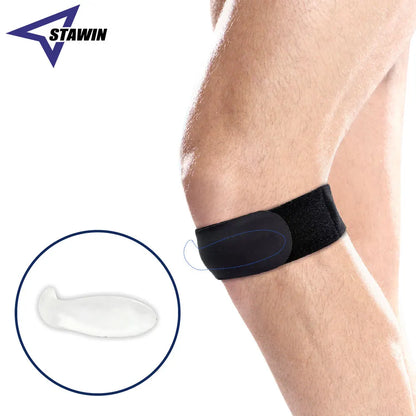 Black knee brace on a person's knee with Stawin branding and a close-up of a white gel pack.