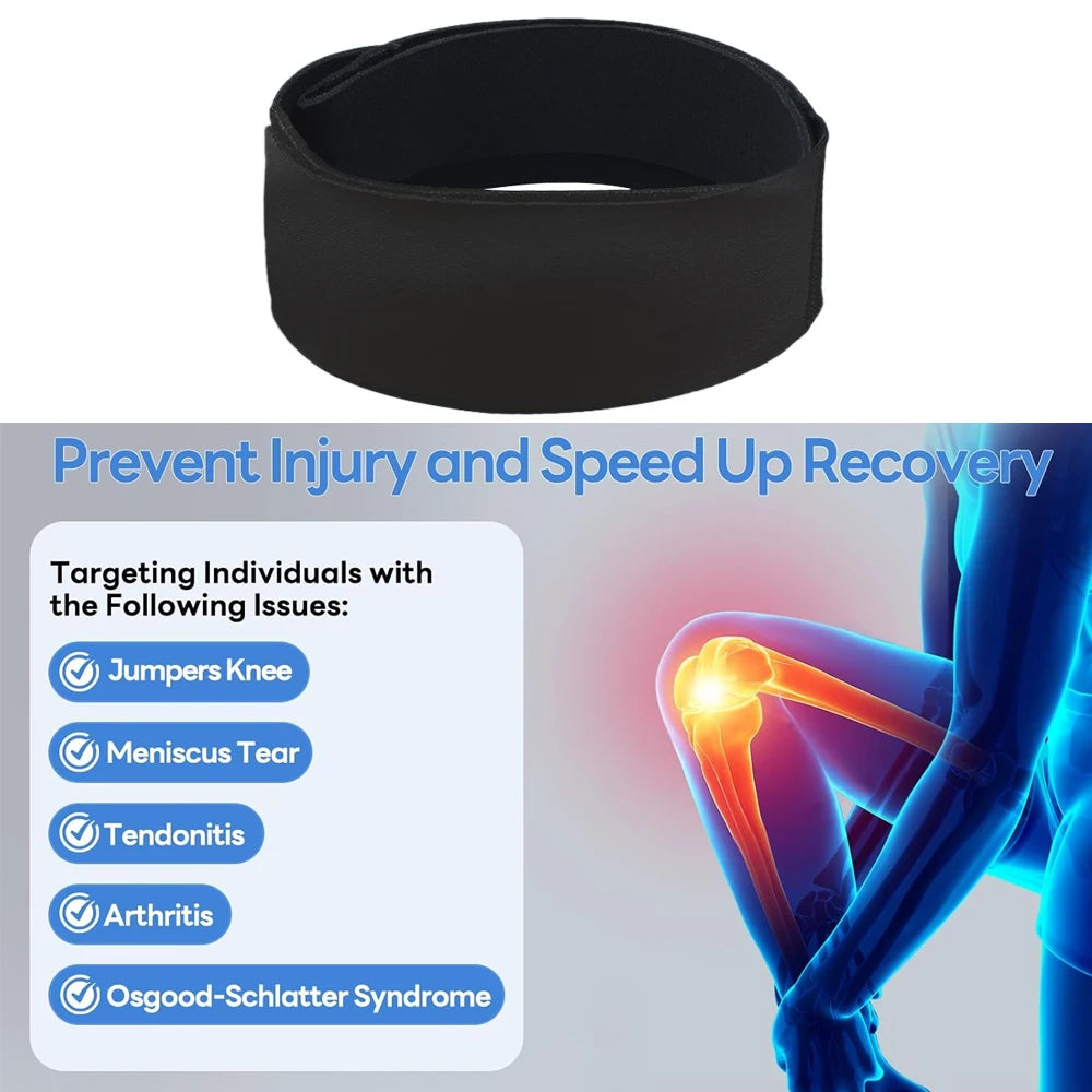 Black knee brace with text on preventing injury and speeding up recovery, targeting specific knee issues.