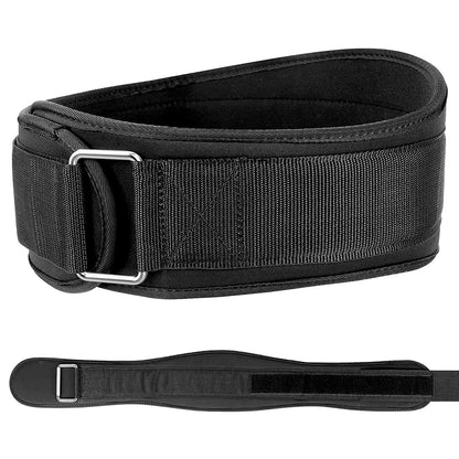 Black weightlifting belt with silver buckle on a white background