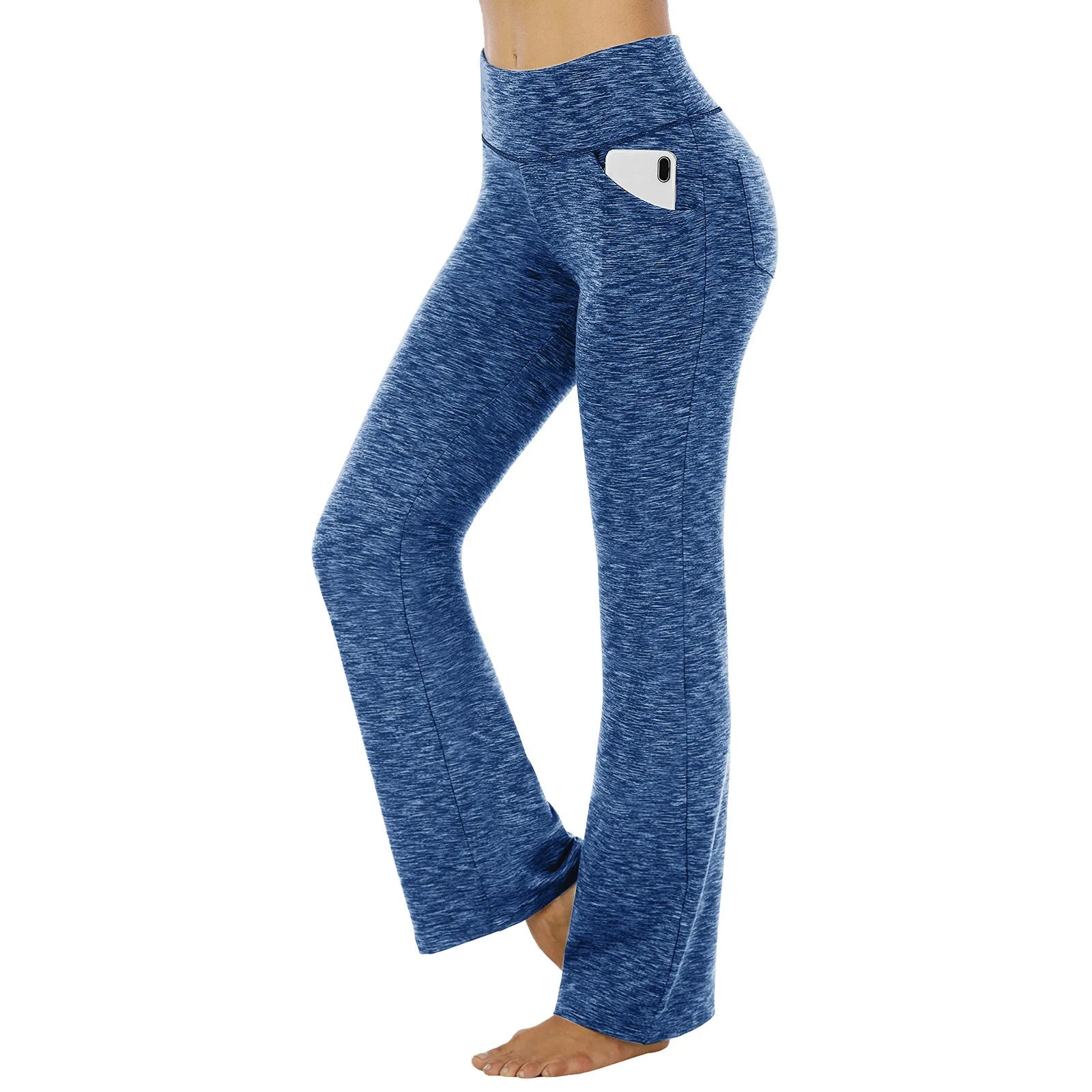 Blue flared pants with a pocket on a white background