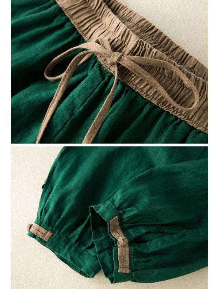 Breathable green elastic waist pants designed for women seeking comfort and mobility in casual wear.
