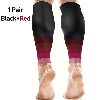 Cyclist using leg support sleeves in black + red