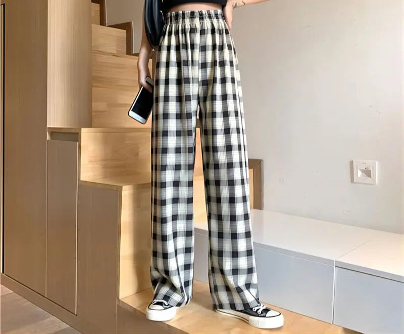 Casual plaid wide leg pants designed with soft batik texture, ideal for warm weather and daily comfort