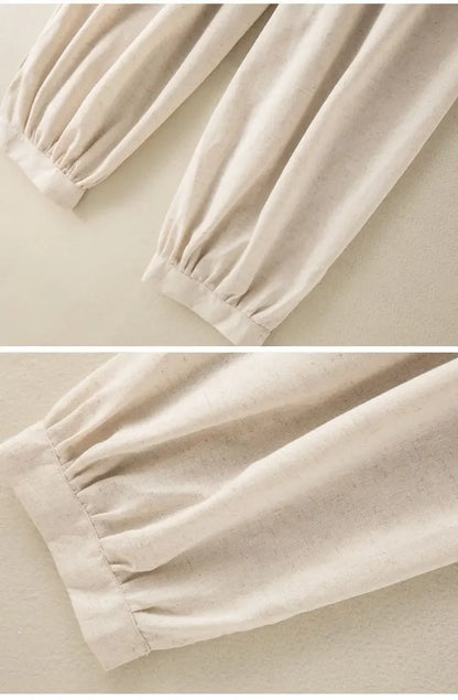 Close-up of beige pants with elastic waistband on a light beige background