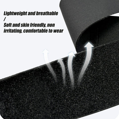 Close-up of a black sock with text highlighting its features on a white background