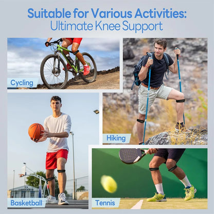 Collage of people engaging in different activities with knee support, including cycling, hiking, basketball, and tennis.