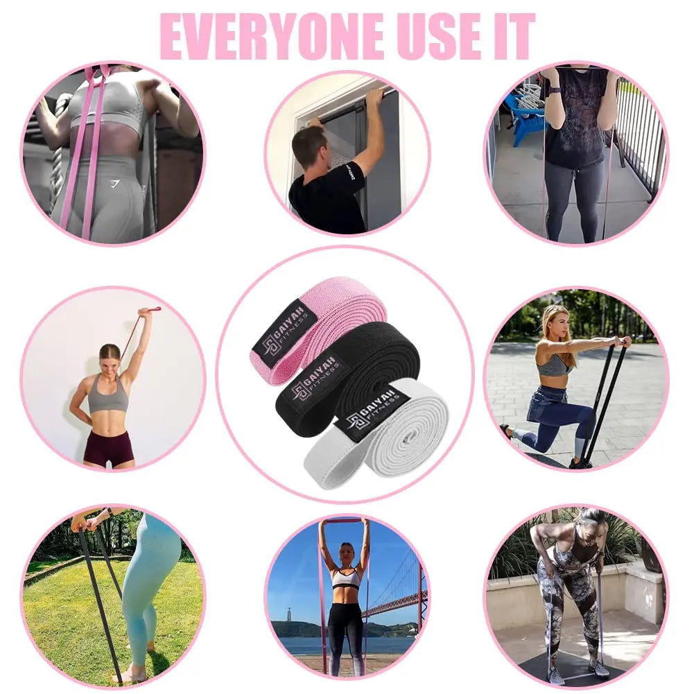 Collage of people using resistance bands in various settings with text 'EVERYONE USE IT'.