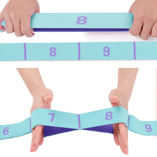 Senior woman using digital resistance bands for stretching at home