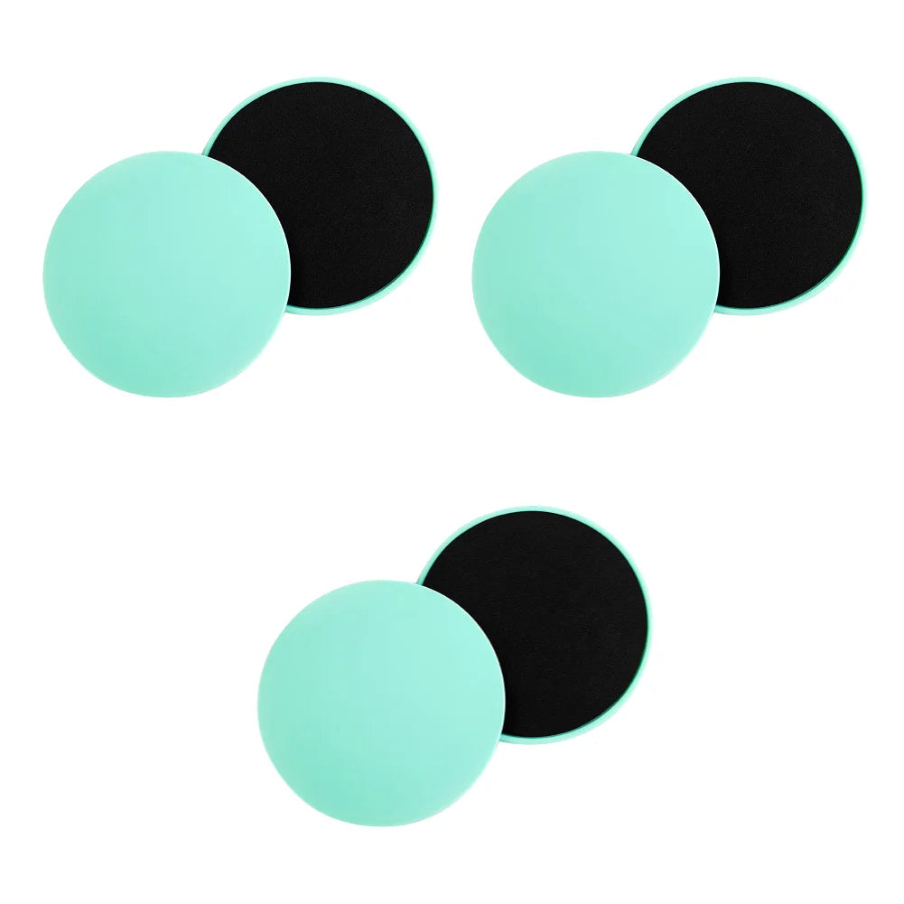 A set of dual-sided gliding discs in green colors being used for fitness exercises on a floor, with the text '2-10PCS' indicating the quantity available.