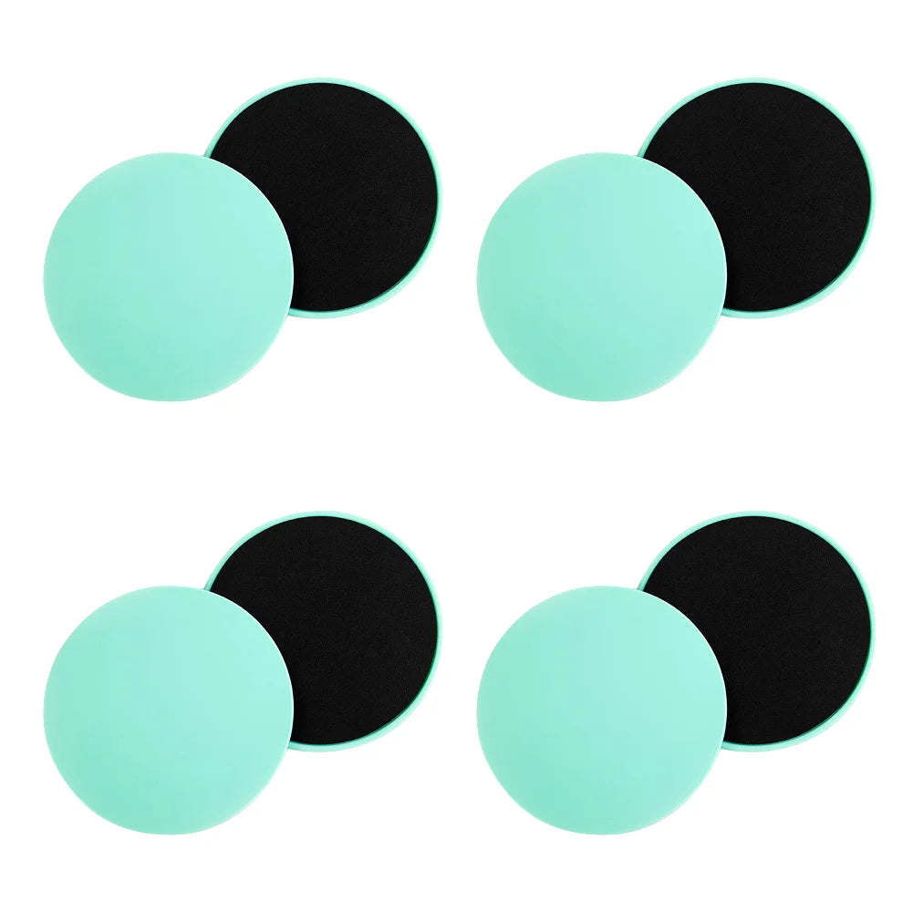 A set of dual-sided gliding discs in green colors being used for fitness exercises on a floor, with the text '2-10PCS' indicating the quantity available.