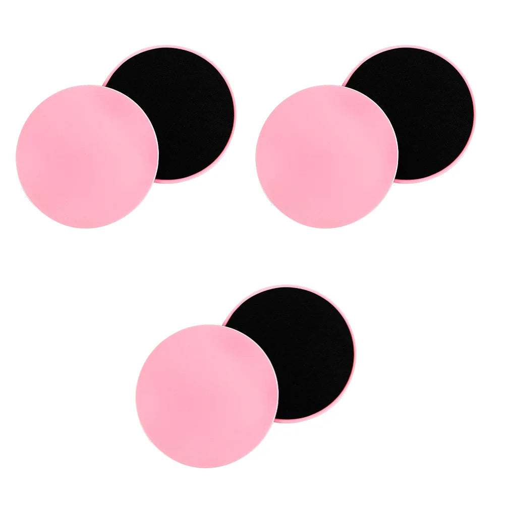 A set of dual-sided gliding discs in pink color being used for fitness exercises on a floor, with the text '2-10PCS' indicating the quantity available.