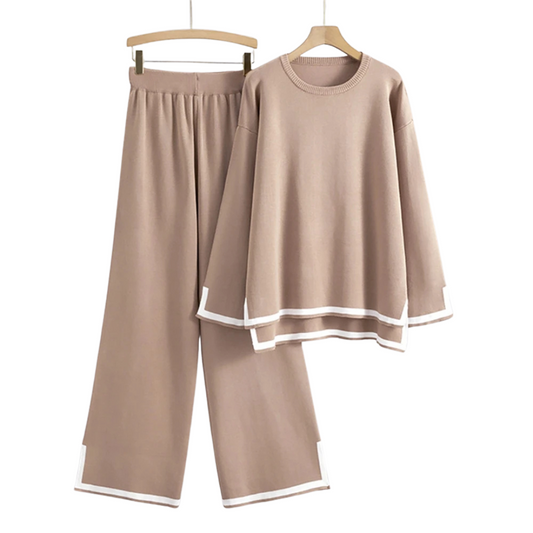 Elegant Women's 2-Piece Sweater Pant Set with a soft knit pullover and wide-leg pants, designed for comfort and style.
