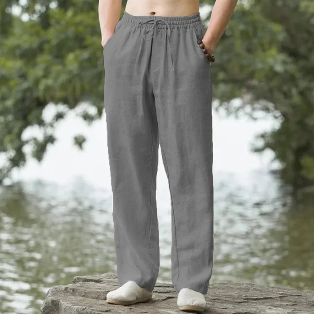 Close-up of elastic waistband on senior-friendly cotton linen pants