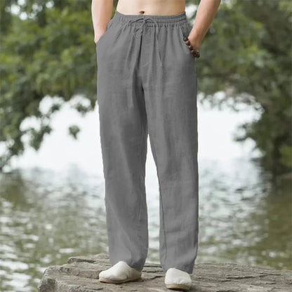 Close-up of elastic waistband on senior-friendly cotton linen pants