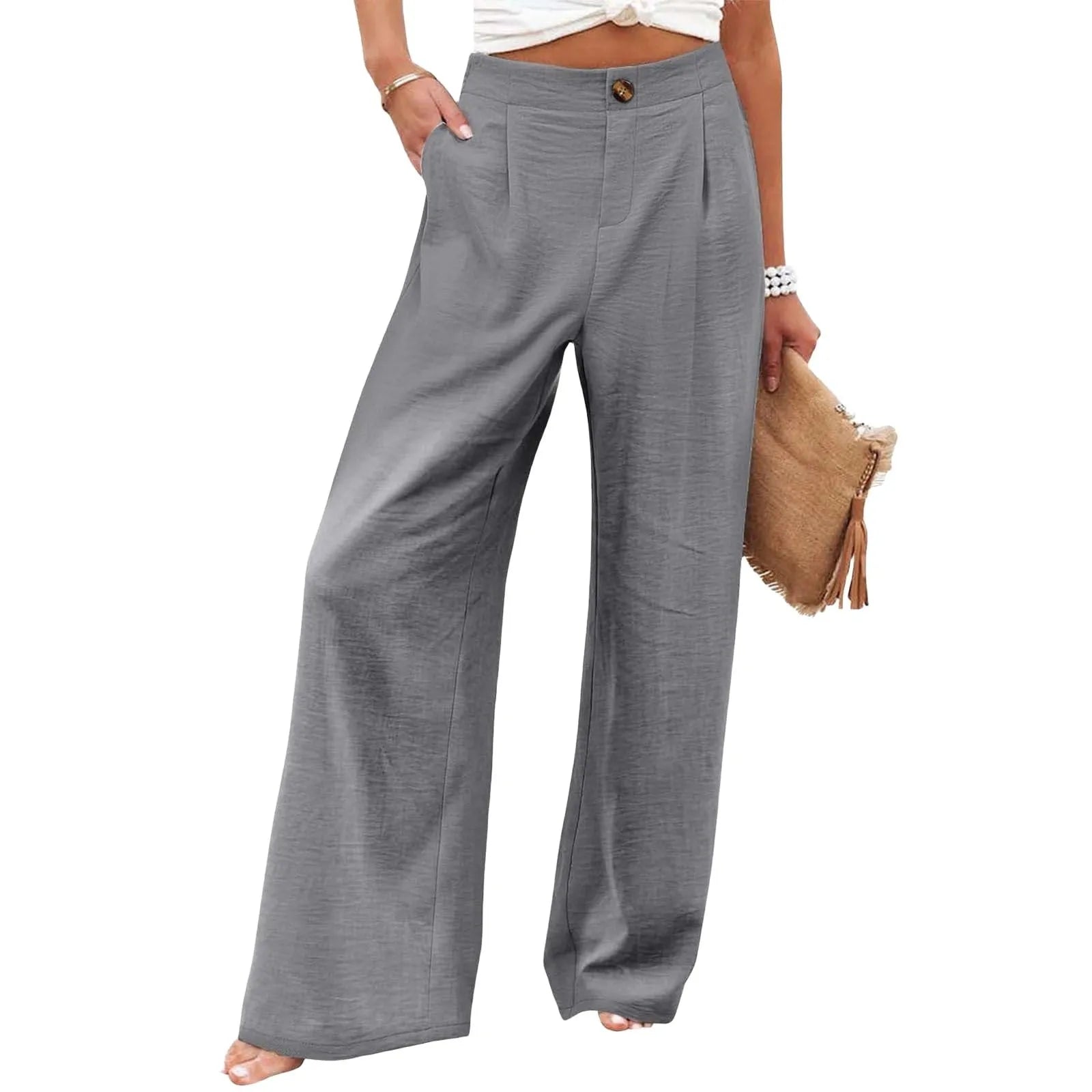 Gray wide-leg pants worn by a person on a white background