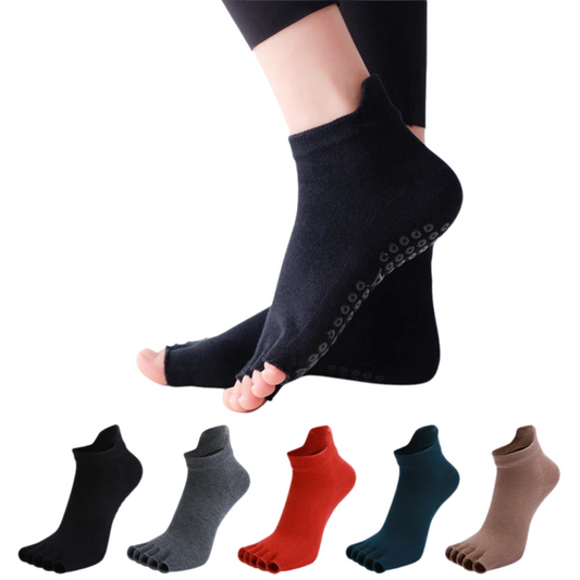Half Toe Non-Slip Yoga Socks with breathable cotton fabric and silicone grip for better stability during yoga and Pilates.

