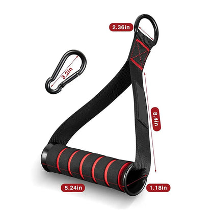 Black and red resistance band with carabiner and measurements on a white background