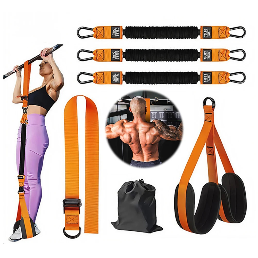 Set of resistance bands with a woman using them, a man with a tattoo, and a black drawstring bag on a white background.