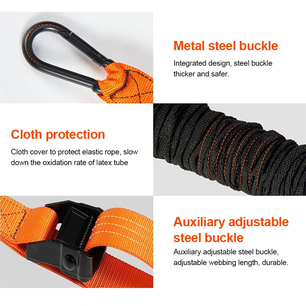 Product features including metal steel buckle, cloth protection, and auxiliary adjustable steel buckle on an orange strap.