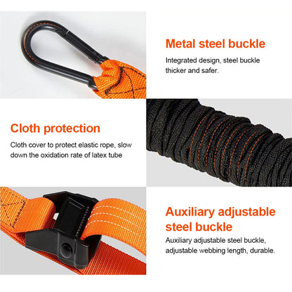 Product features including metal steel buckle, cloth protection, and auxiliary adjustable steel buckle on an orange strap.