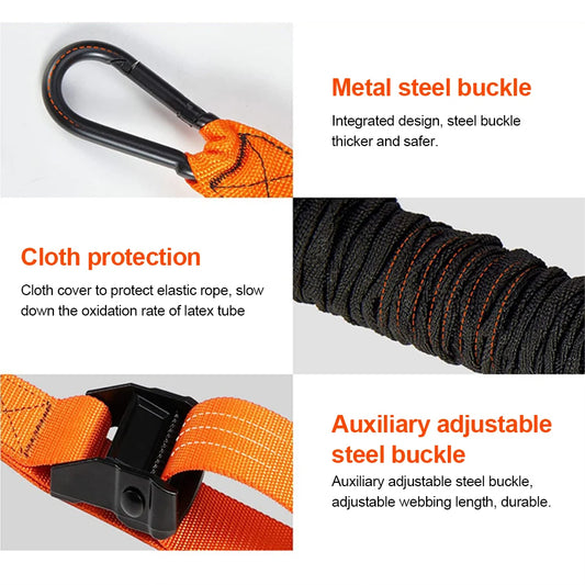 Product features including metal steel buckle, cloth protection, and auxiliary adjustable steel buckle on an orange strap.