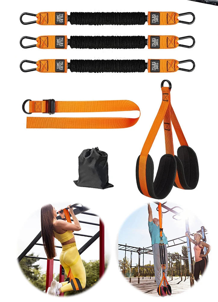 Set of resistance bands with attachments and users exercising outdoors.