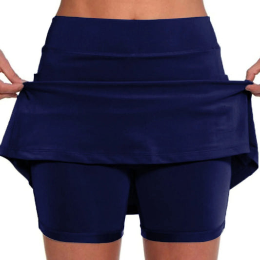 Lightweight athletic shorts with wide high-rise waistband, moisture-wicking fabric, and built-in mesh liner.