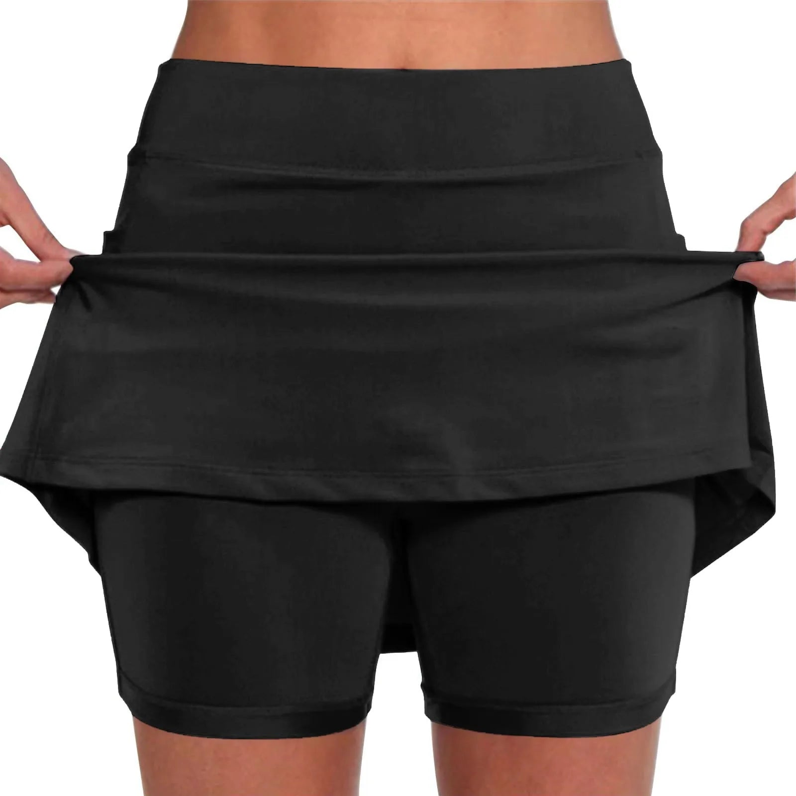 High-waist yoga shorts in solid black with elastic waistband, slim fit, and breathable cotton-polyester fabric.