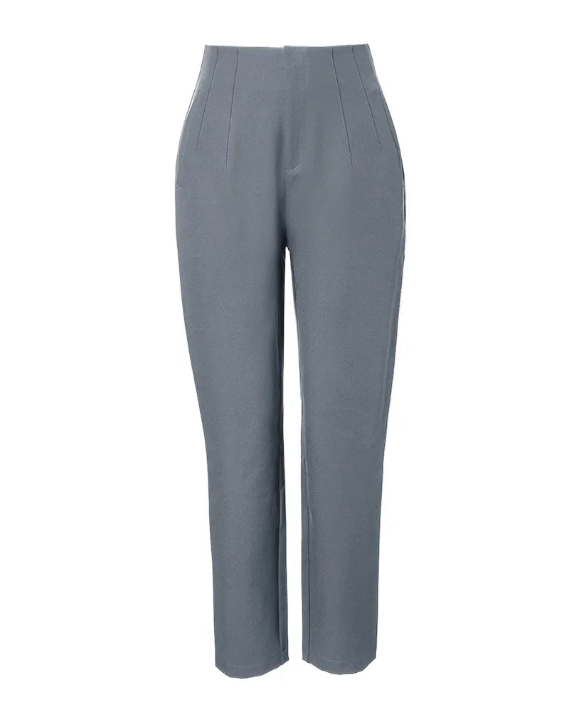 Elegant slim fit office pants with high waistband, zipper closure, and solid pattern perfect for business attire