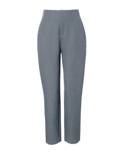 Elegant slim fit office pants with high waistband, zipper closure, and solid pattern perfect for business attire