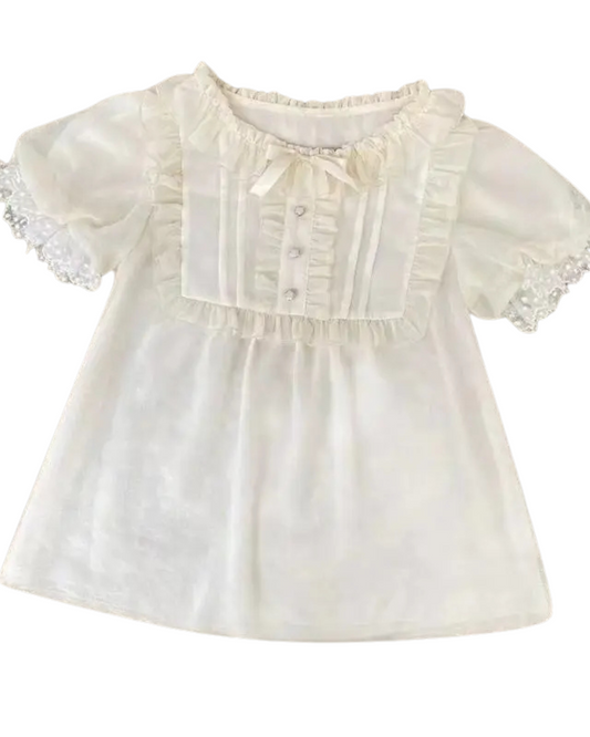 Elegant Kawaii Ruffle Bow Blouse for Women with a stylish bow neckline and delicate ruffles, perfect for a chic and comfortable summer look.