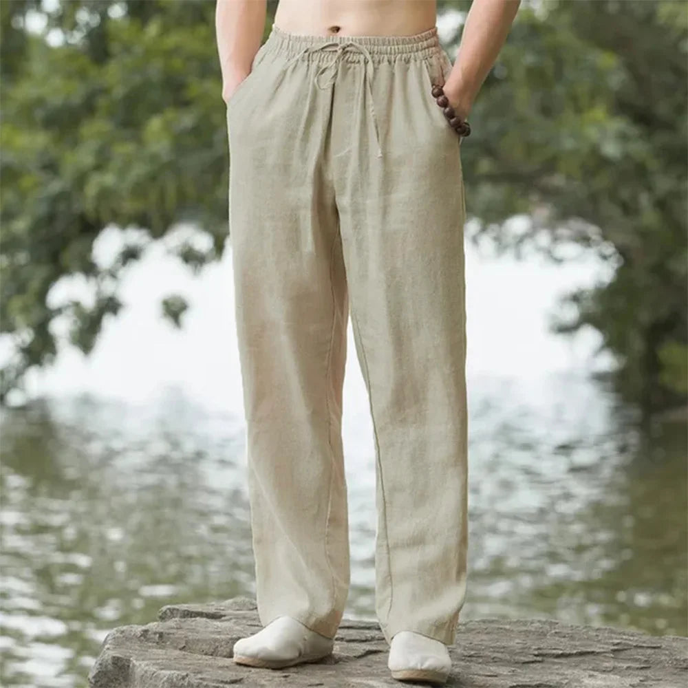 Relaxed fit summer pants for seniors styled with casual sandals