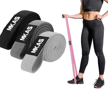 Resistance bands with MKAS branding and a woman using a resistance band.