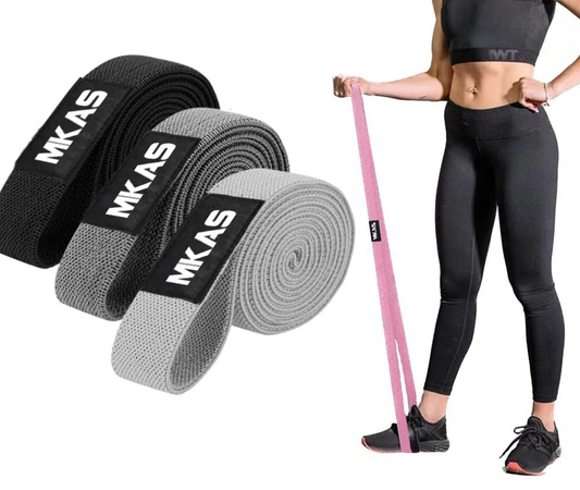 Resistance bands with MKAS branding and a woman using a resistance band.