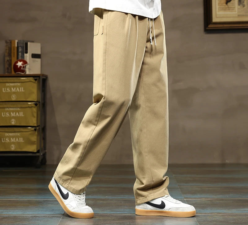 Full-length loose cotton trousers with elastic waist for men