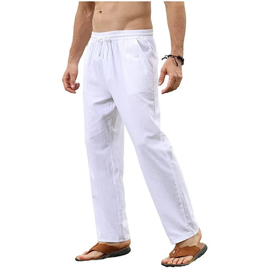 Men’s breathable cotton linen jogger pants with elastic waist for a comfortable fit.