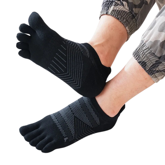 Men's Breathable Five-Toe Athletic Socks with a low-cut, no-show design and a flexible, sweat-absorbing fabric for all-day comfort.
