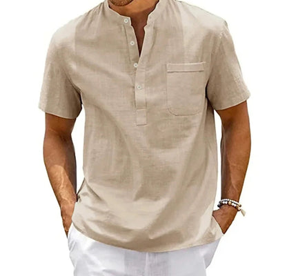 Men’s casual linen cotton Henley shirt in solid color, front view