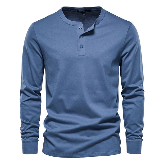 Men’s Long Sleeve Henley Cotton T-Shirt in solid color, perfect for active seniors seeking comfort and style.
