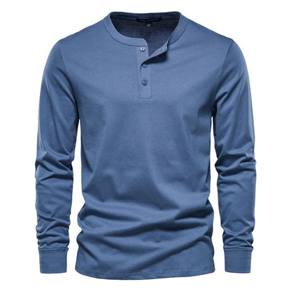 Men’s Long Sleeve Henley Cotton T-Shirt in solid color, perfect for active seniors seeking comfort and style in denim blue
