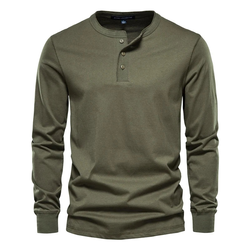 The Men’s Long Sleeve Henley Cotton T-Shirt offers a timeless design, ideal for active seniors looking for casual, stylish wear in green