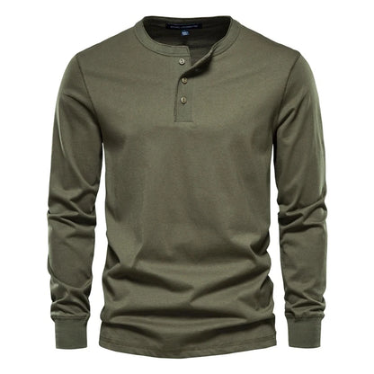 The Men’s Long Sleeve Henley Cotton T-Shirt offers a timeless design, ideal for active seniors looking for casual, stylish wear in green