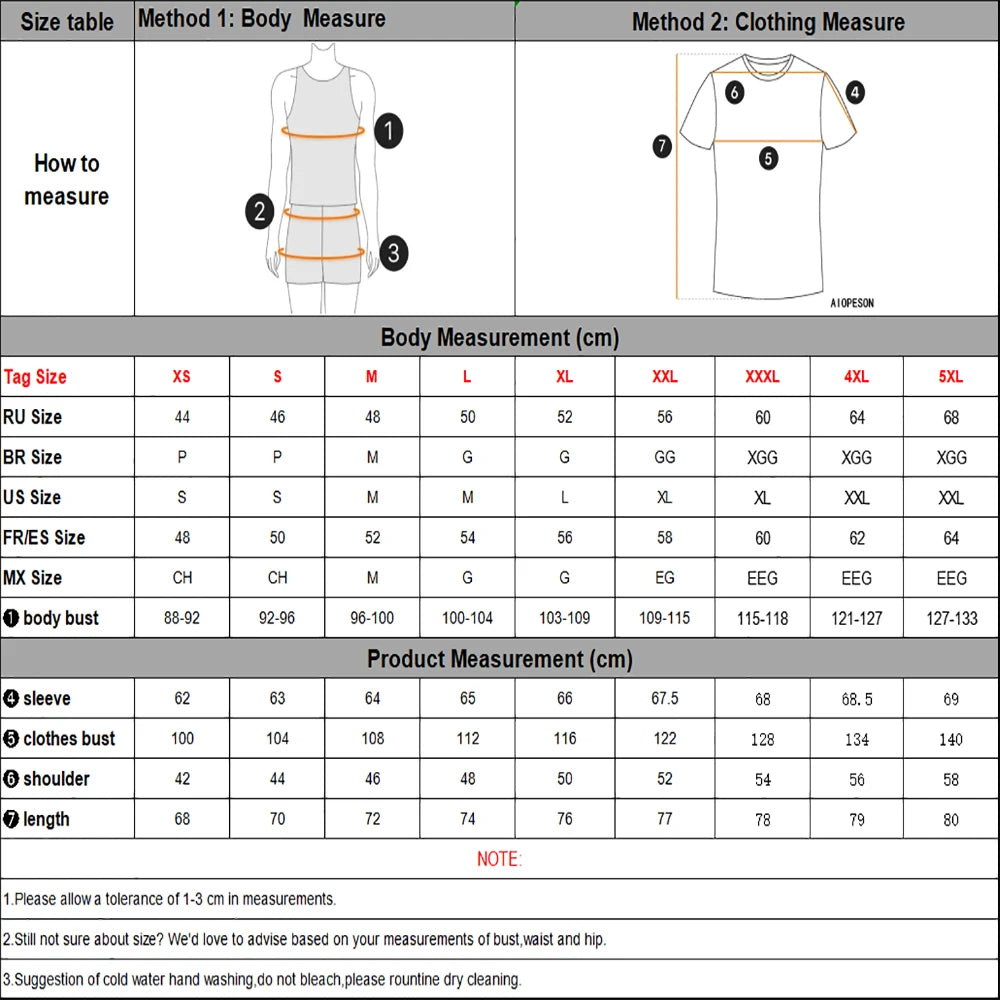 Mens Long Sleeve cotton size chart