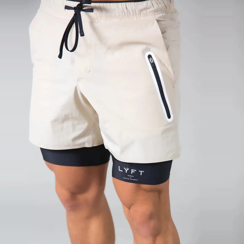 Senior man wearing breathable quick-dry double-layer training shorts outdoors in khaki