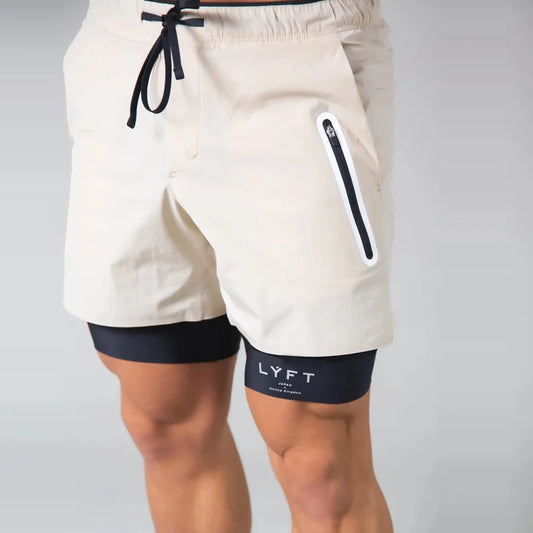 Senior man wearing breathable quick-dry double-layer training shorts outdoors in khaki