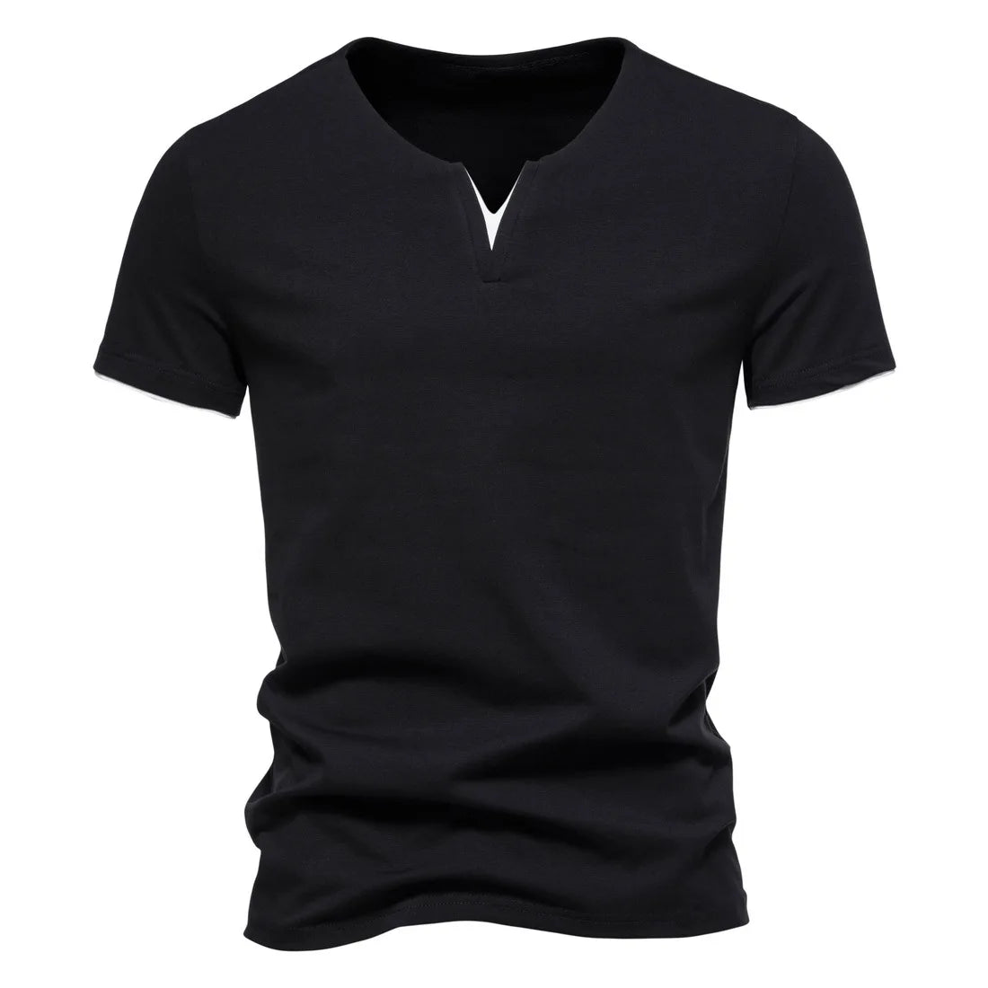 A stylish Men's Short Sleeve Henley V-Neck in breathable cotton, perfect for active seniors.
