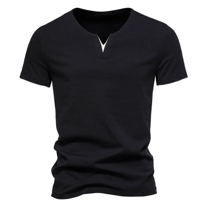 A stylish Men's Short Sleeve Henley V-Neck in breathable cotton, perfect for active seniors.
