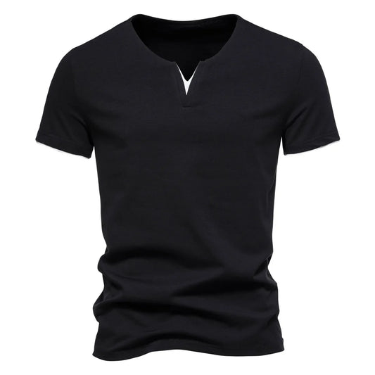 A stylish Men's Short Sleeve Henley V-Neck in breathable cotton, perfect for active seniors.
