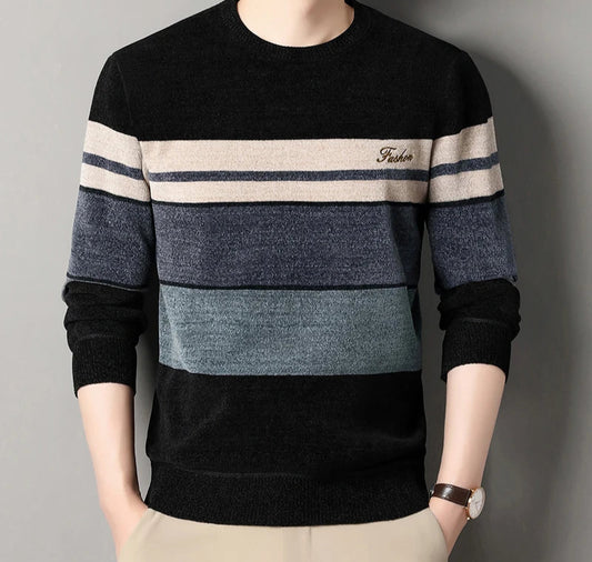 Front view of a men's striped knit pullover sweater with full sleeves and O-neck collar