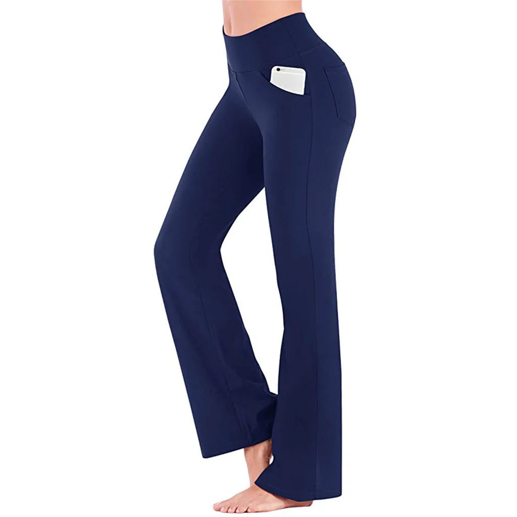 Navy blue pants with a pocket on a white background